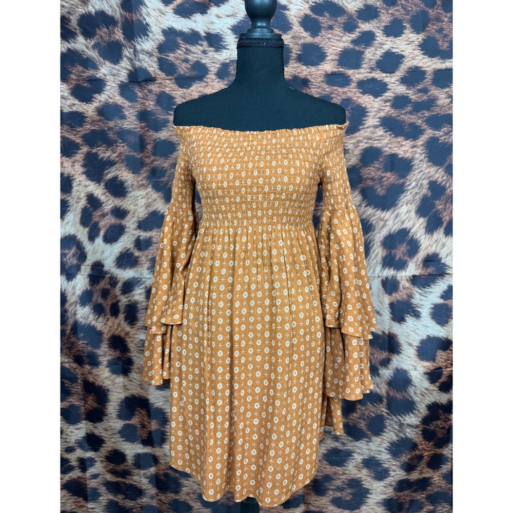 Smocked Off Shoulder Ruffle Bell Sleeve Mini Dress